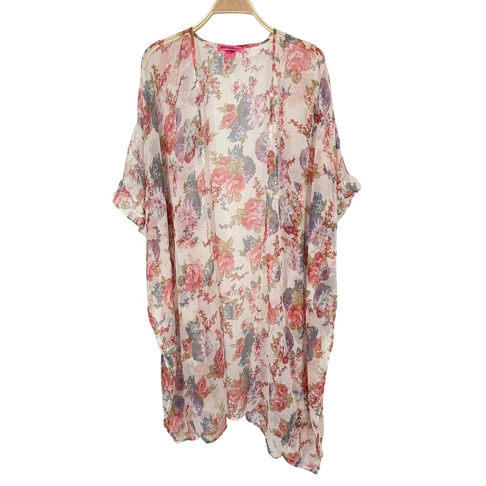 Betsey Johnson Kimono Wrap Women OSFM Pink Floral Good Sheer Ruffle Boho Coverup